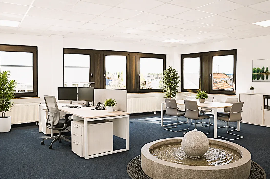 Bright office room with desk and water dispenser