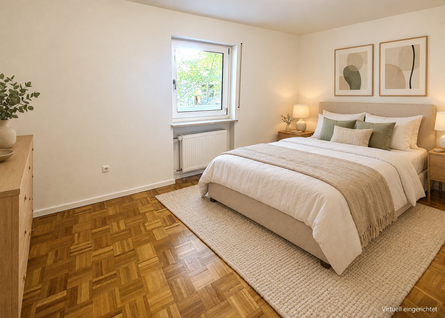 Bedroom with parquet, virtually staged