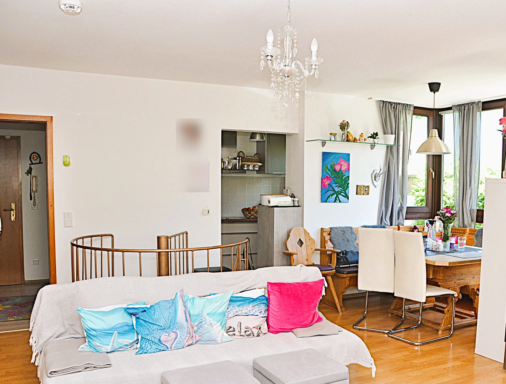 Living room with dining area and stair connection