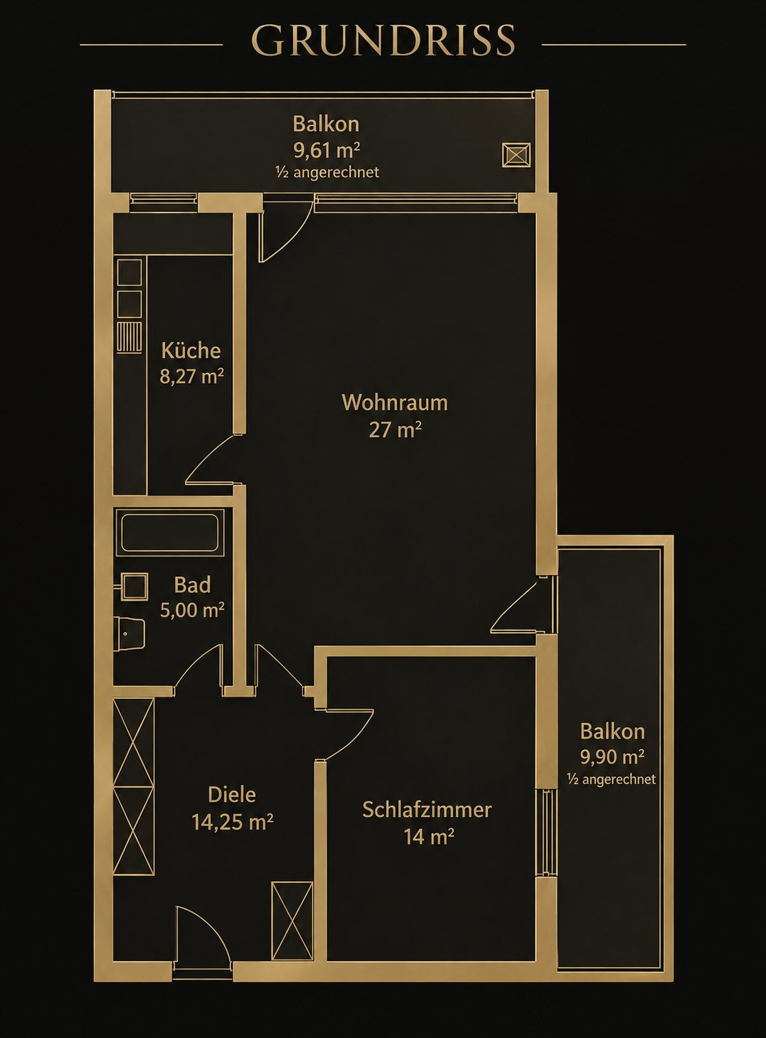 Floor plan of the 2-room apartment with living room, bedroom, kitchen, bathroom, hallway and two balconies