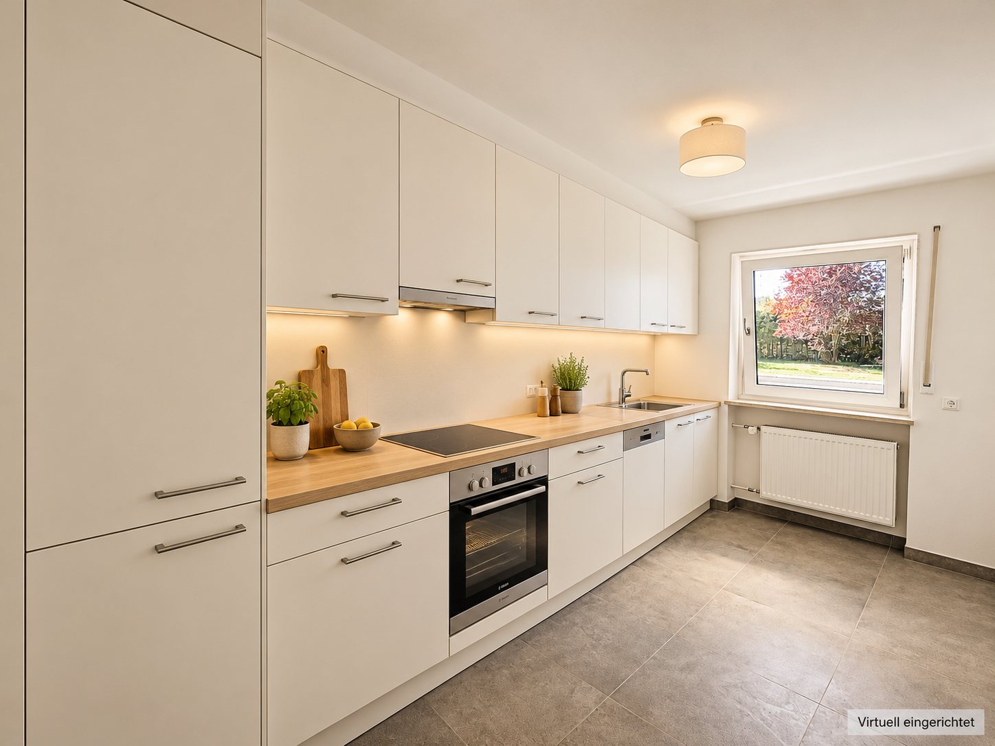 Kitchen with new floor tiles, virtually staged